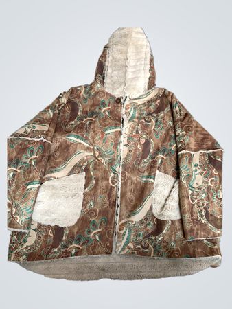 Brown patterned hooded jacket with faux fur lining