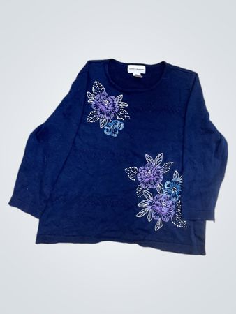 Alfred Dunner Damenblauer, mit Verzierungen versehener Pullover mit langen Ärmeln