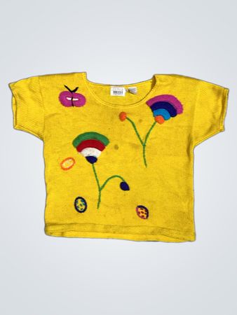 Leslie Fay Petite Sportswear gelbes Stricktop mit Blumenstickerei