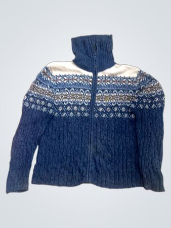 TIARA INTERNATIONAL Damenblauer Fair-Isle-Strickpullover mit durchgehendem Reißverschluss