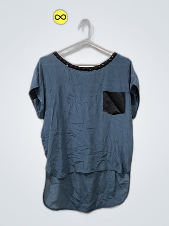 Navy Blue Short Sleeve Blouse with Black Leather Accents