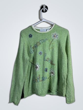 Alfred Dunner Embroidered Green Knit Sweater