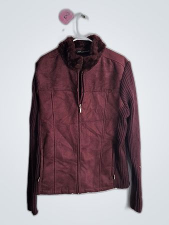 Maroon Zipper Jacket with Fur Collar