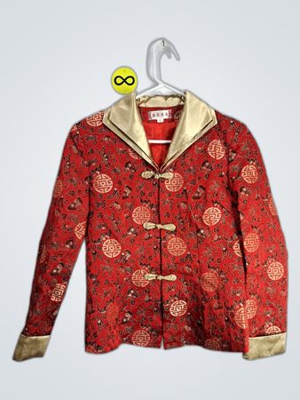 Red Embroidered Mandarin Collar Blazer