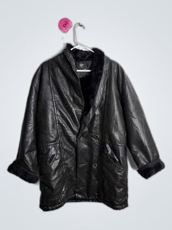 Perry Ellis Black Leather Fur Trim Jacket