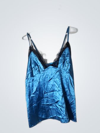 Blue Satin Cami with Lace Trim