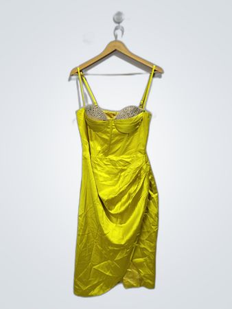 Yellow Satin Embellished Mini Dress
