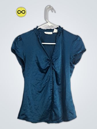 Navy Satin Ruffle Blouse