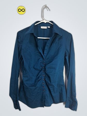 Navy Blue Long Sleeve Button-Down Blouse