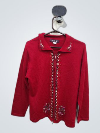 Red Embroidered Sweater Jacket