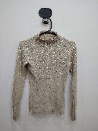 Once Again Beige Sequined Turtleneck Knit Top