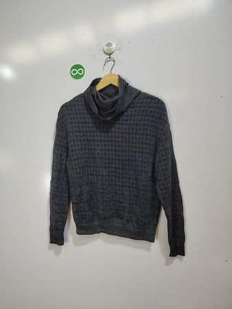 Grey Checkered Cowl Neck Knit Sweater