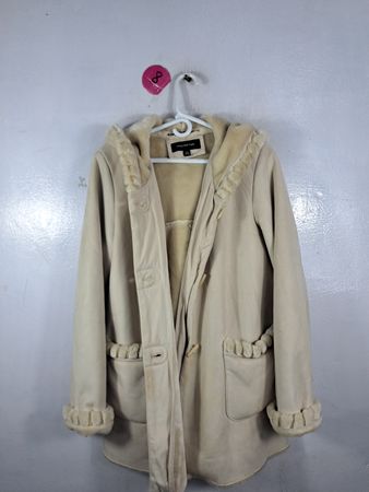 Jones New York Beige Hooded Fur Trim Jacket