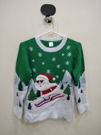 Holiday Time Green Skiing Santa Knit Sweater