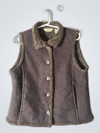 L.L. Bean Brown Faux Suede Fur Trim Vest