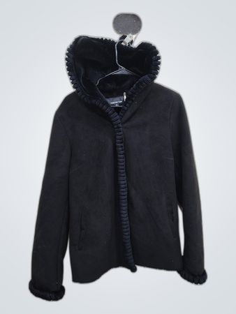 Jones New York Black Faux Fur Trim Hooded Jacket
