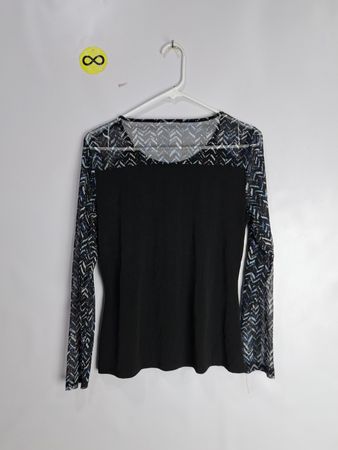 Black Long-Sleeve Top with Patterned Sleeves