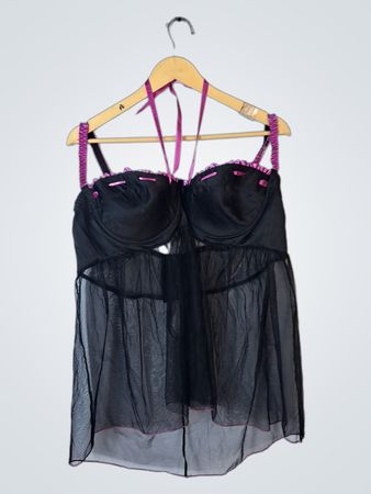 Unbranded Black Satin Bustier Babydoll with Pink Accents