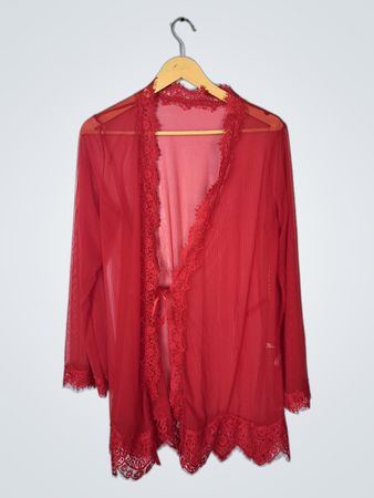 Red Lace Trim Sheer Kimono