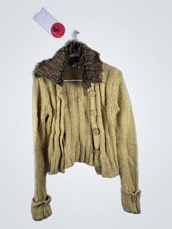 Tan Knit Sweater with Fur Collar