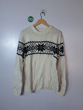 White Knit Sweater with Black Pattern