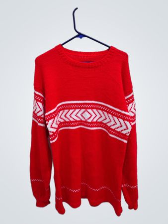 Red Knit Sweater with White Pattern