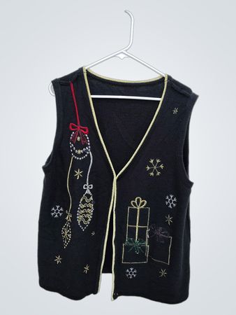 Black Knit Vest with Gold Trim and Christmas Ornament Design