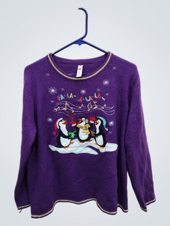 Purple Christmas Sweater with Penguins