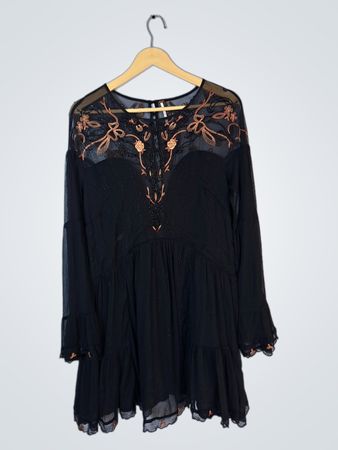 Black Long Sleeve Blouse with Gold Embroidery