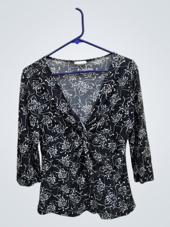 Blouse with White Floral Pattern on Black Background