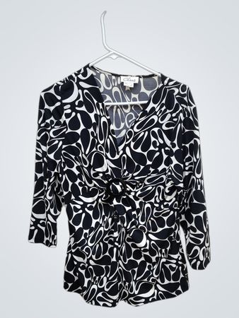 Chaus Black and White Abstract Print Wrap Blouse