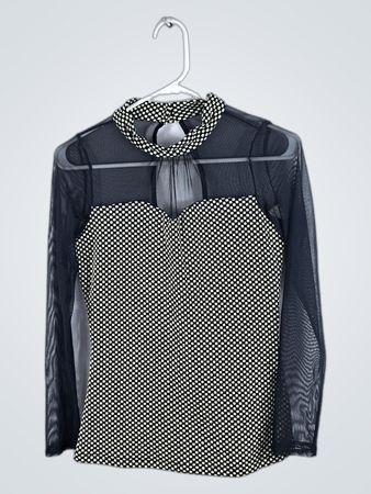 Unbranded Black and White Polka Dot Mesh Long Sleeve Top