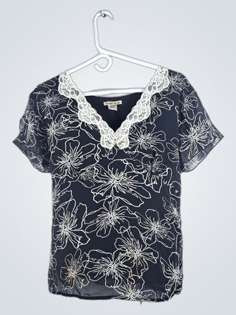 Black Floral Blouse with Lace Trim