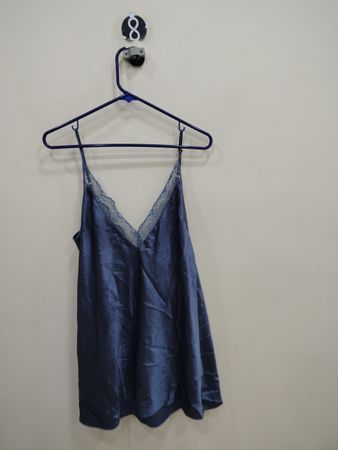 Blue Satin Camisole with Lace Trim