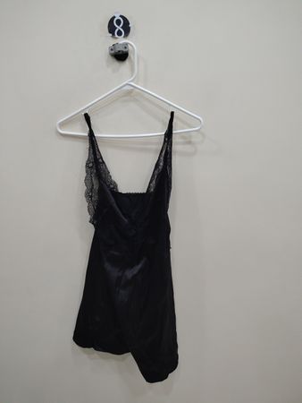 Black Lace-Trim Satin Slip Dress