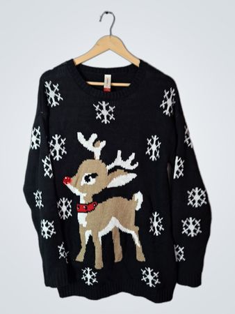 Black Christmas Sweater with Reindeer and Snowflakes