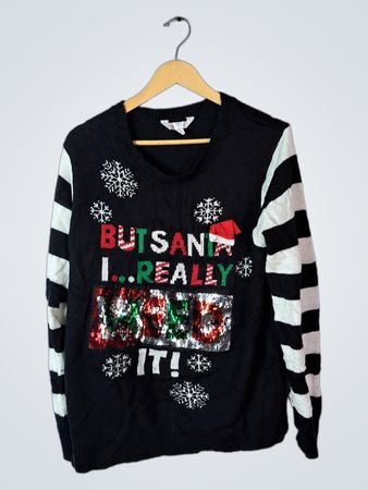 Black and White Striped Sweater Vest with Christmas Graphic
