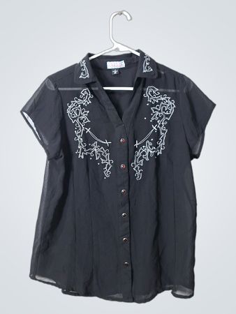 Black Embroidered Sheer Button-Up Shirt