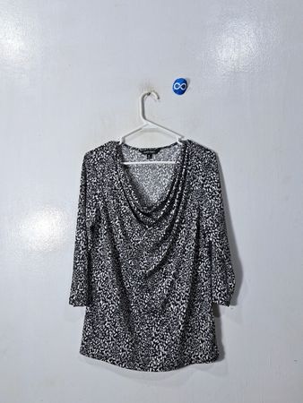 Ellen Tracy Black and White Leopard Print Cowl Neck Blouse