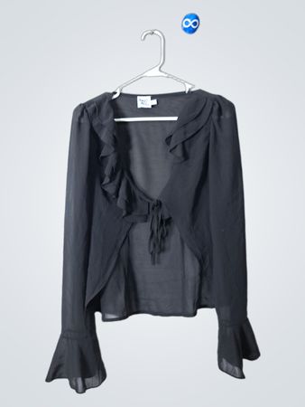 Black Sheer Blouse with Ruffles and Tie Front
