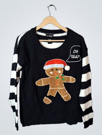 Love Always Black and White Striped Sweater with Gingerbread Man Design