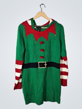 Green Christmas Sweater Dress with Red and White Stripes