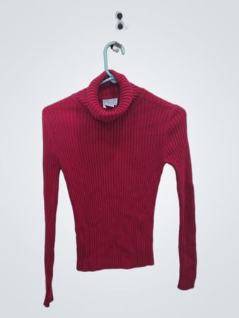 Women's Red Ribbed Turtleneck Sweater