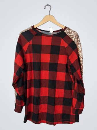 Red and Black Plaid Shirt with Gold Sequined Sleeves