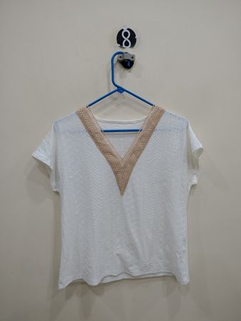 White Crochet Trim V Neck Top