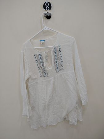 White Long-Sleeve Blouse with Blue Embroidery