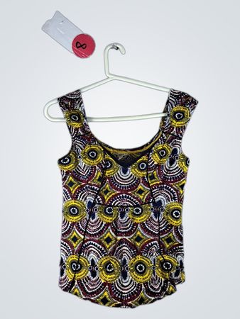 Blouse with Yellow, Black, White and Red Pattern
