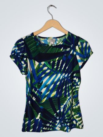 Worthington Tropical Leaf Print Short Sleeve Blouse