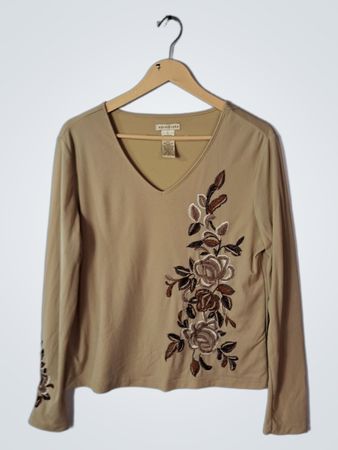 Apostrophe Tan Long Sleeve Top with Floral Embroidery