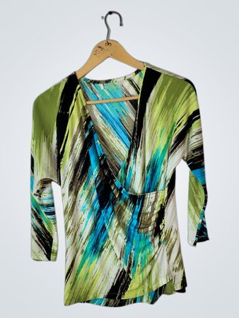 Blouse with Green Blue and Black Abstract Print